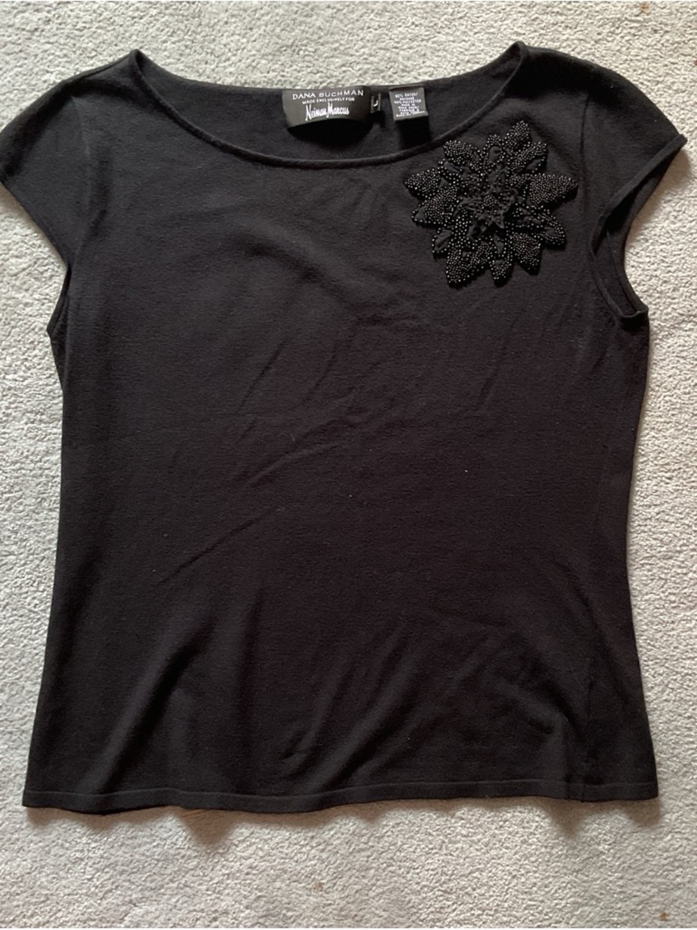 Dana Buchman Black Cap-Sleeve Top with Beaded Flower